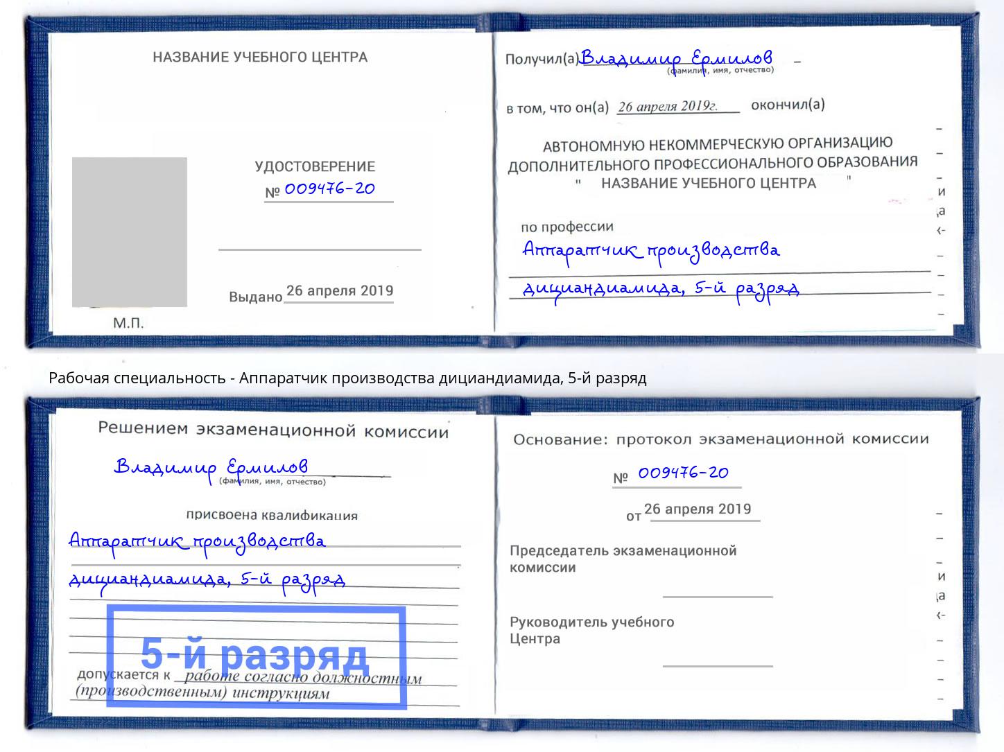 корочка 5-й разряд Аппаратчик производства дициандиамида Владимир