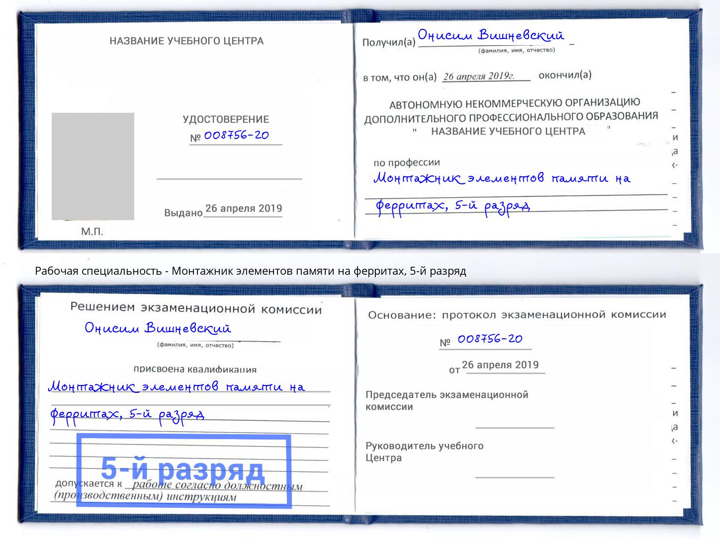 корочка 5-й разряд Монтажник элементов памяти на ферритах Владимир