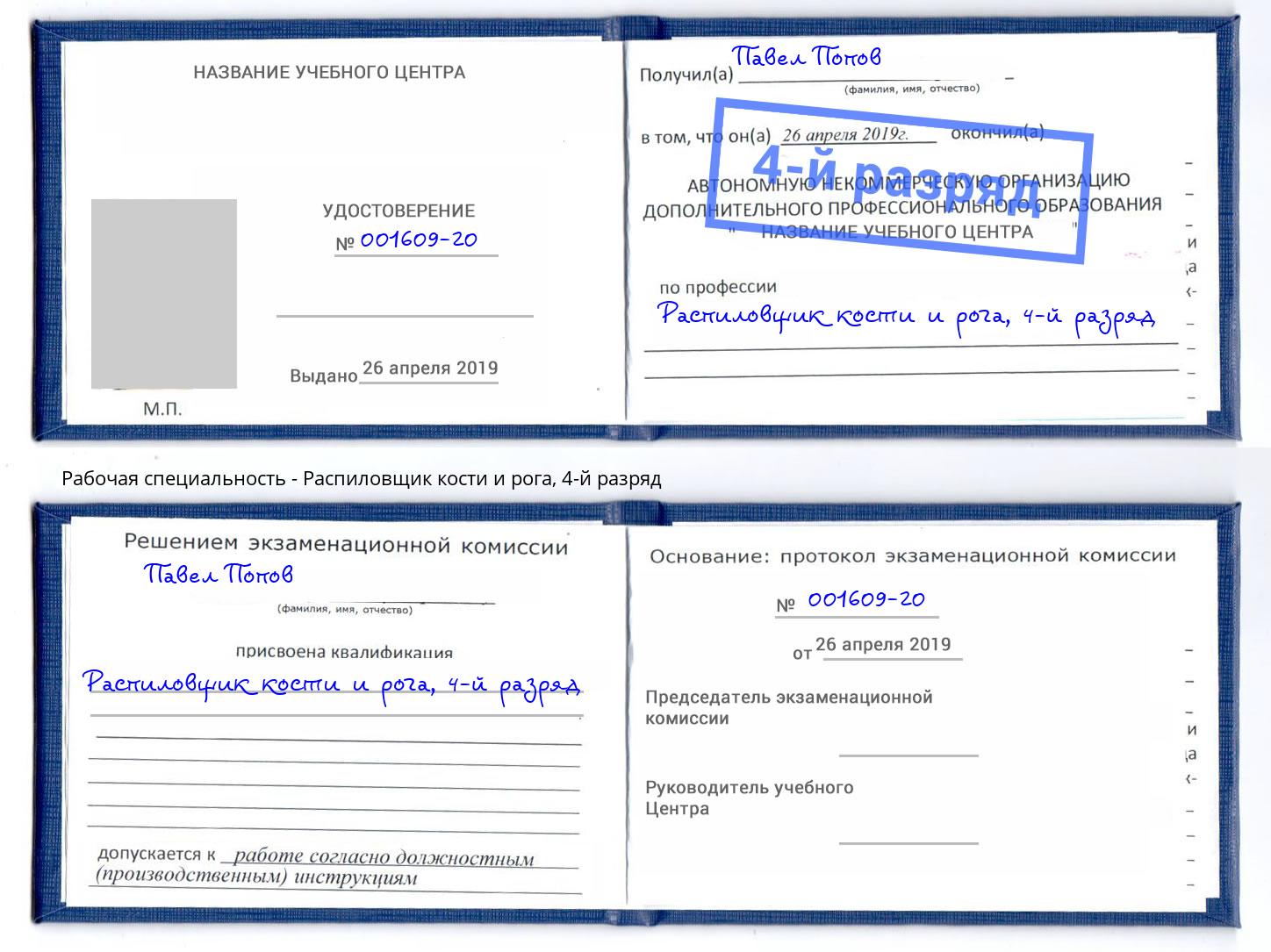 корочка 4-й разряд Распиловщик кости и рога Владимир