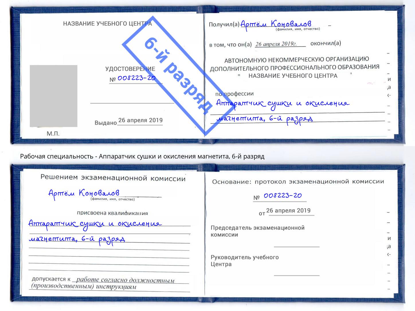 корочка 6-й разряд Аппаратчик сушки и окисления магнетита Владимир