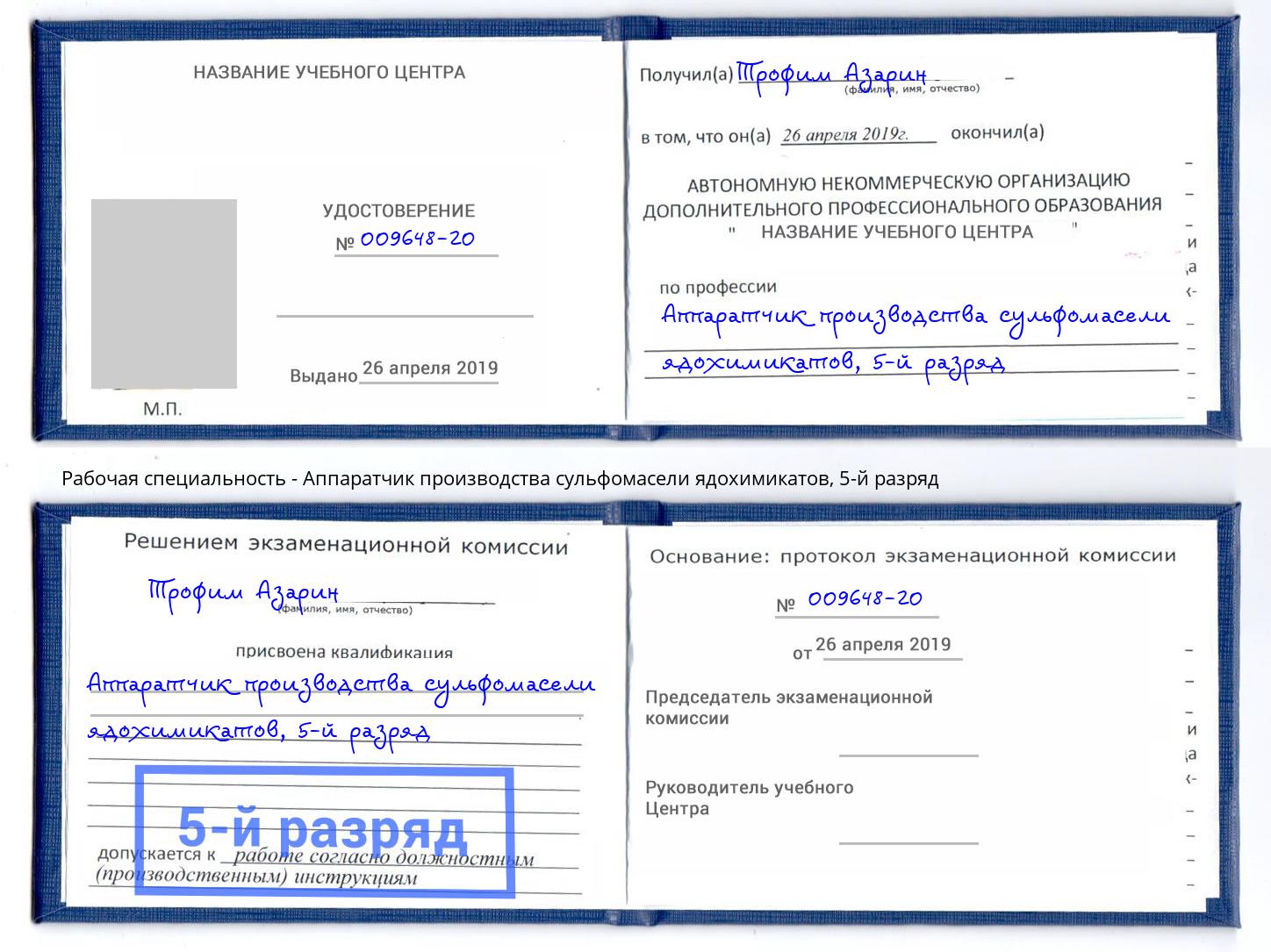 корочка 5-й разряд Аппаратчик производства сульфомасели ядохимикатов Владимир