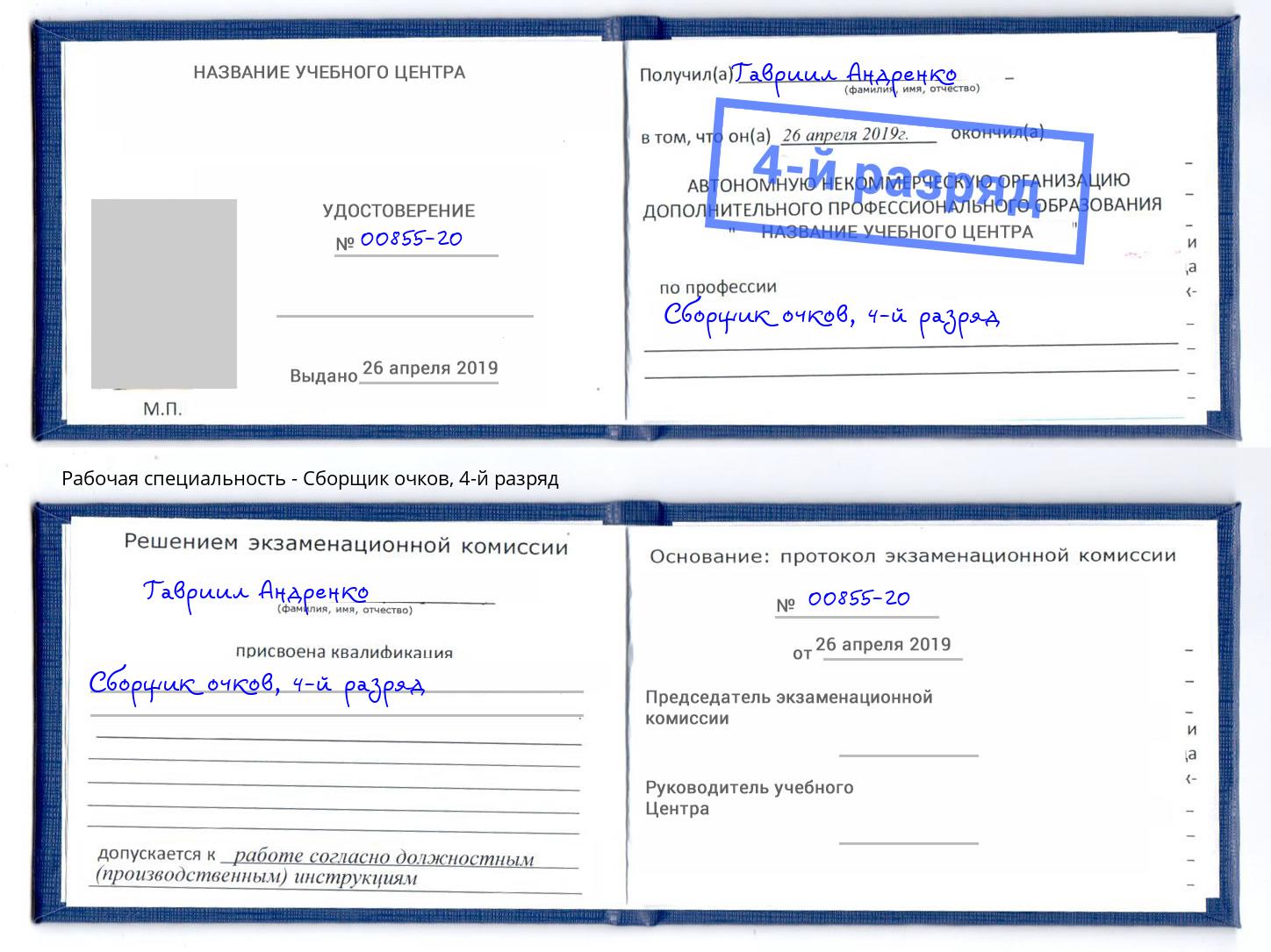 корочка 4-й разряд Сборщик очков Владимир