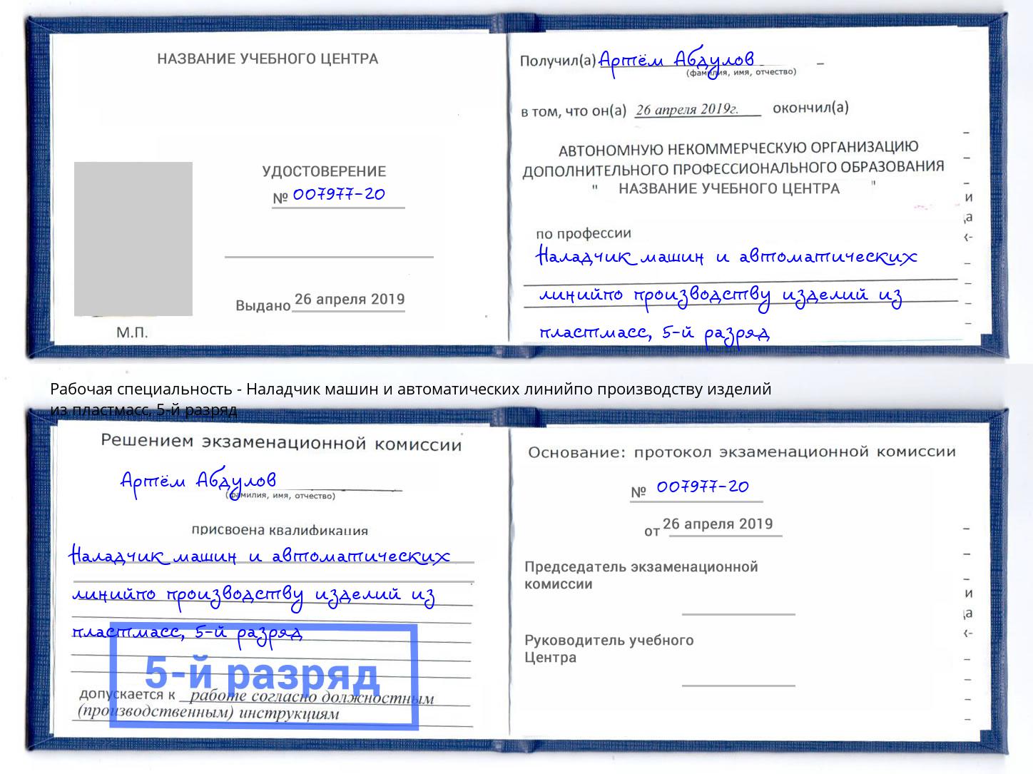 корочка 5-й разряд Наладчик машин и автоматических линийпо производству изделий из пластмасс Владимир