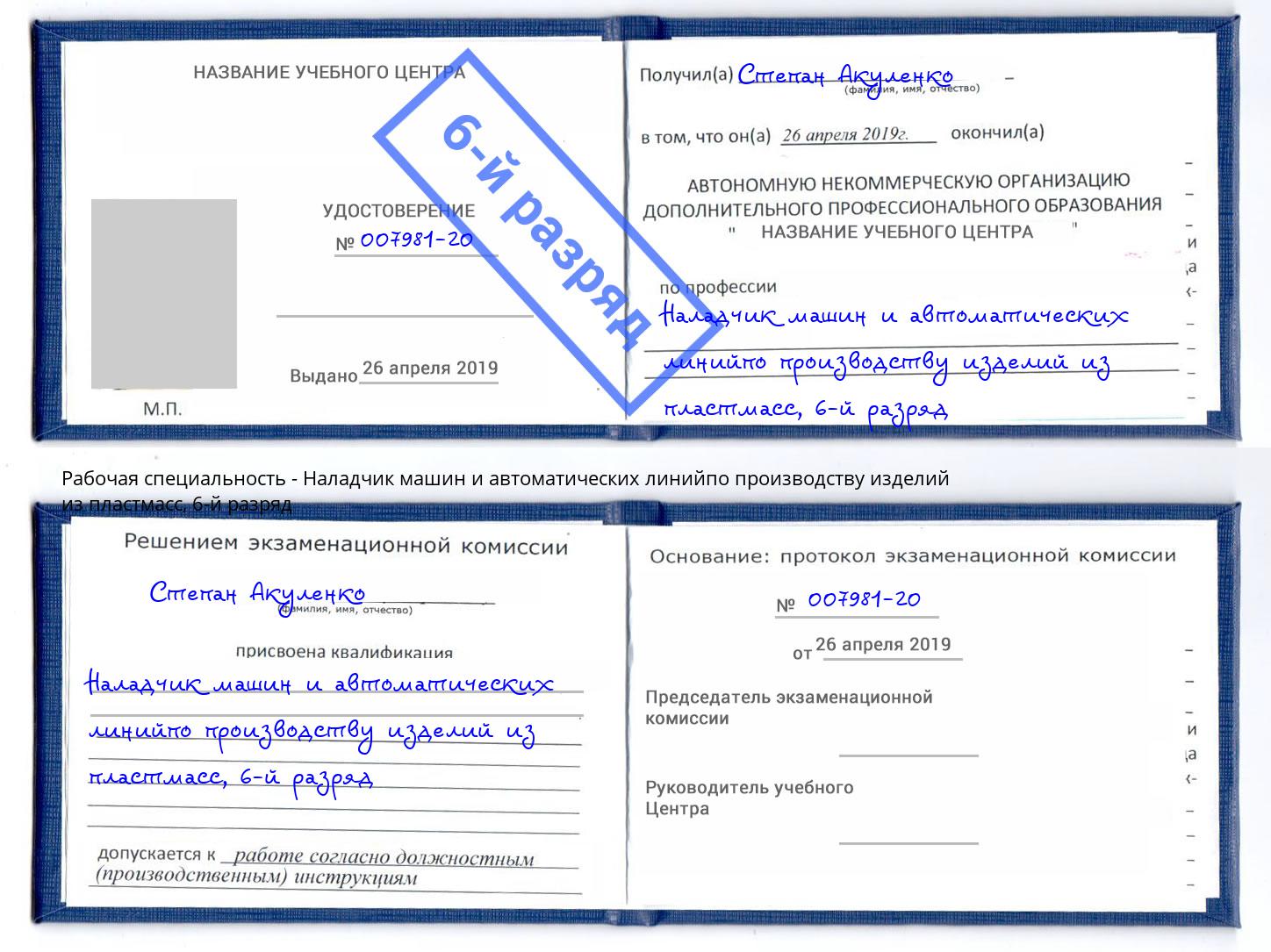 корочка 6-й разряд Наладчик машин и автоматических линийпо производству изделий из пластмасс Владимир