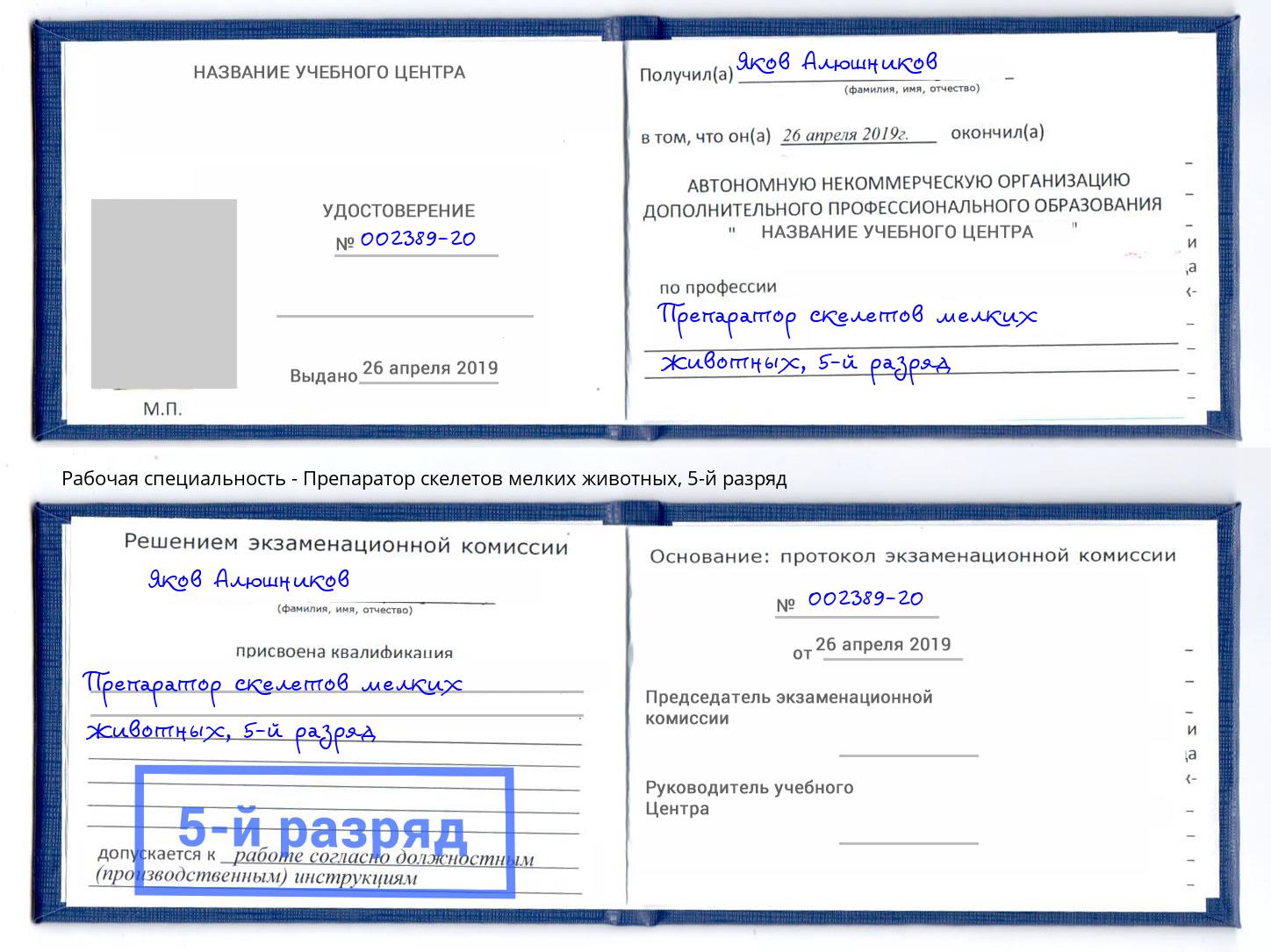 корочка 5-й разряд Препаратор скелетов мелких животных Владимир