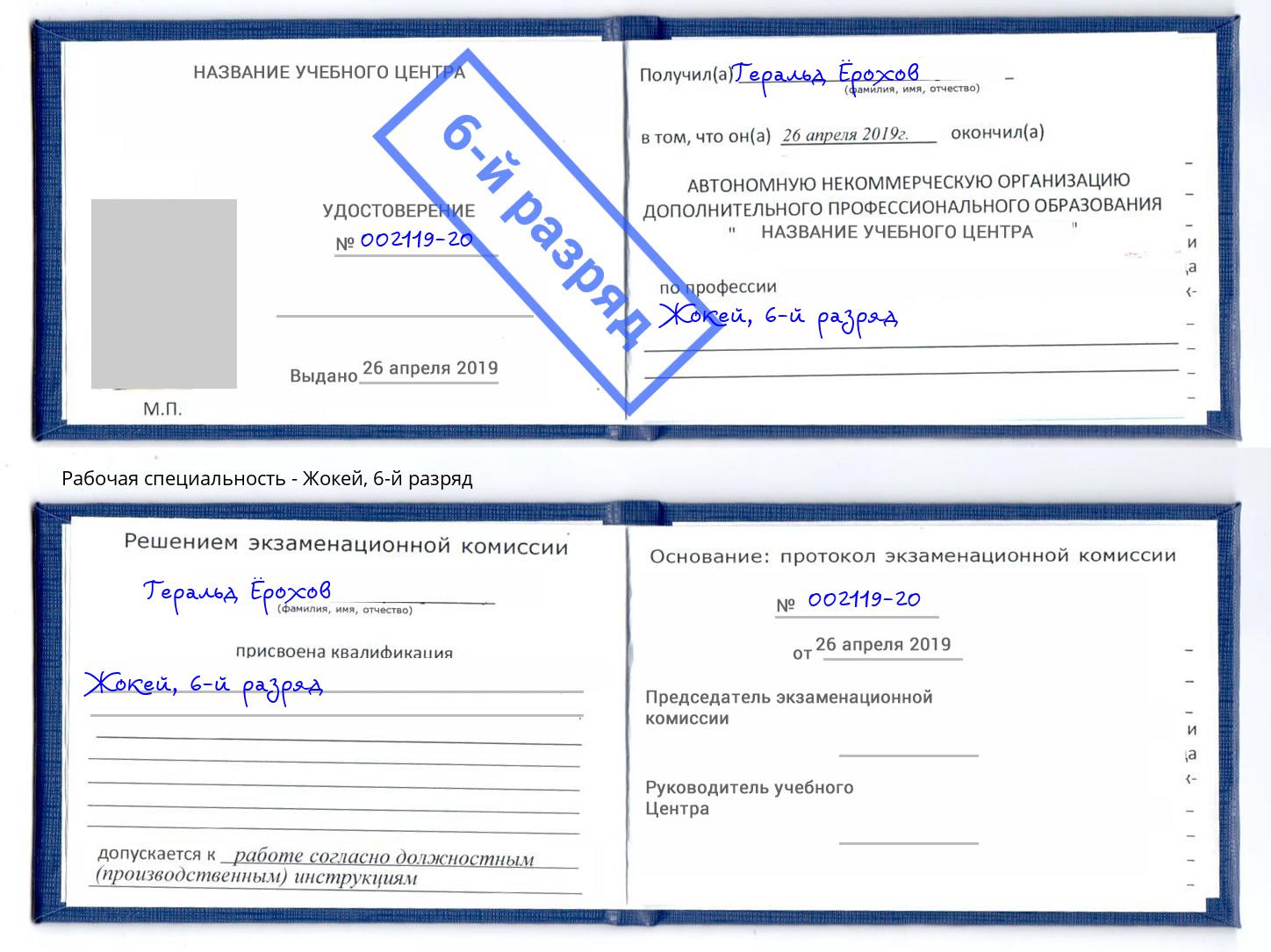 корочка 6-й разряд Жокей Владимир