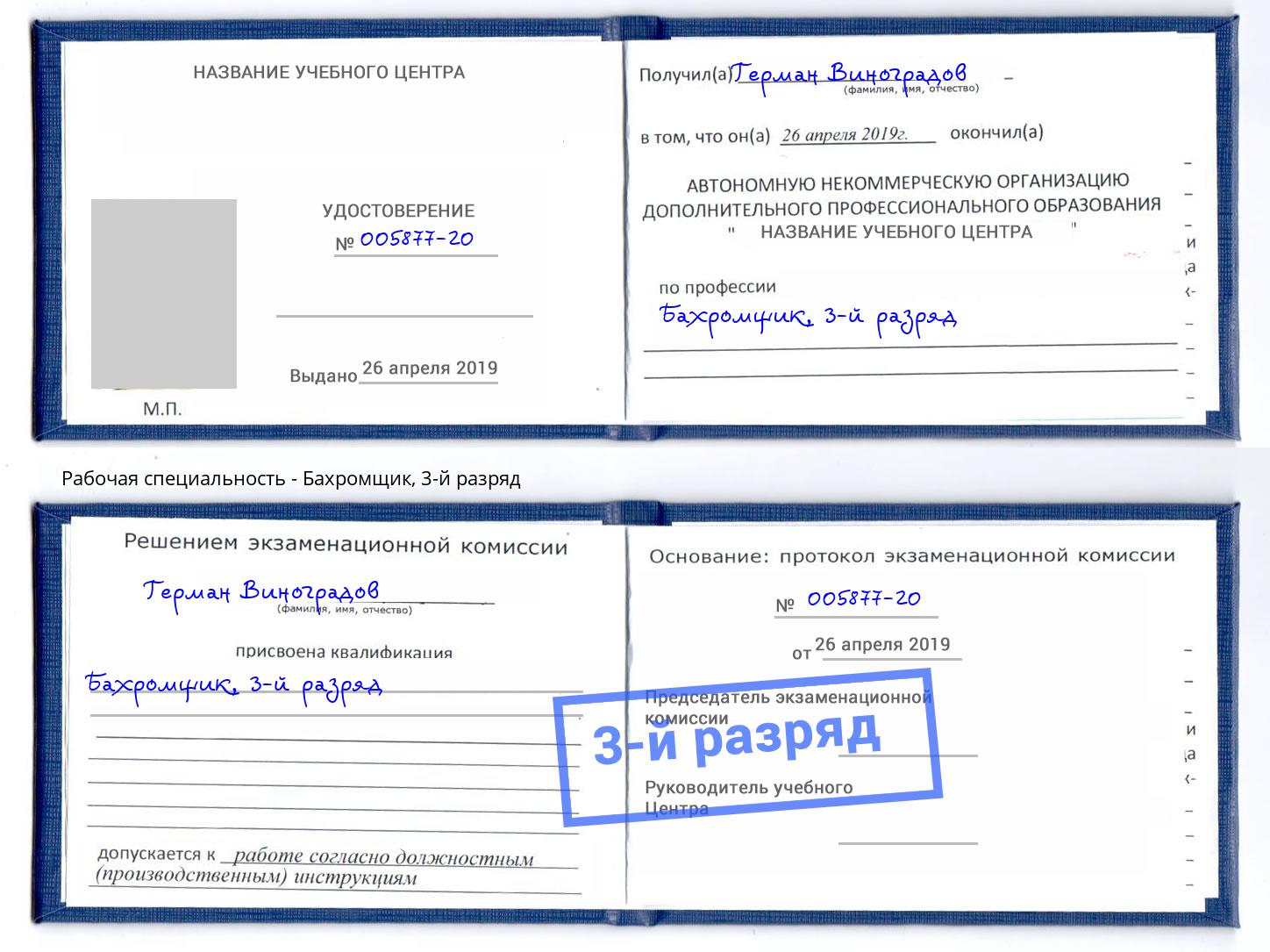 корочка 3-й разряд Бахромщик Владимир