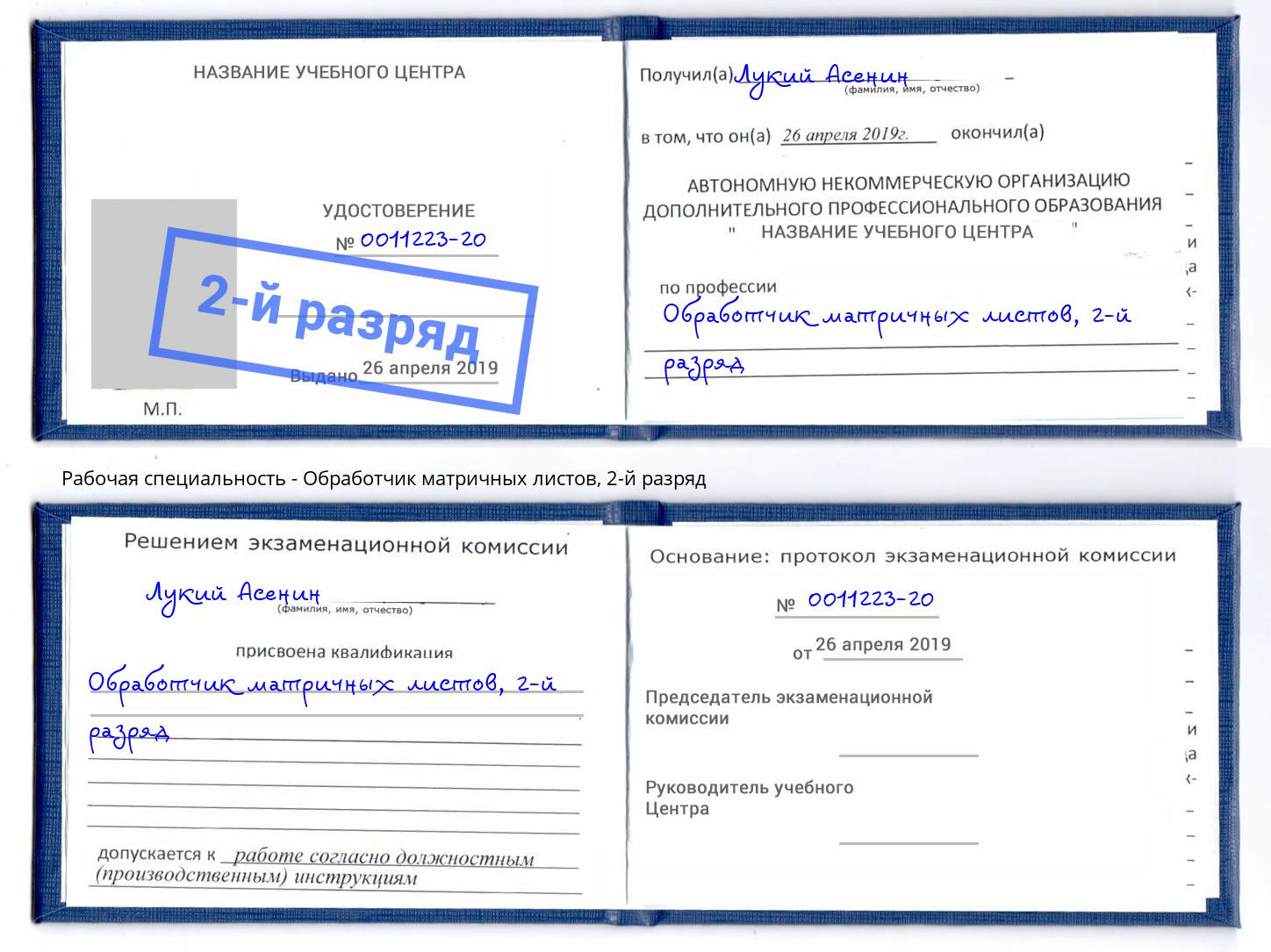 корочка 2-й разряд Обработчик матричных листов Владимир
