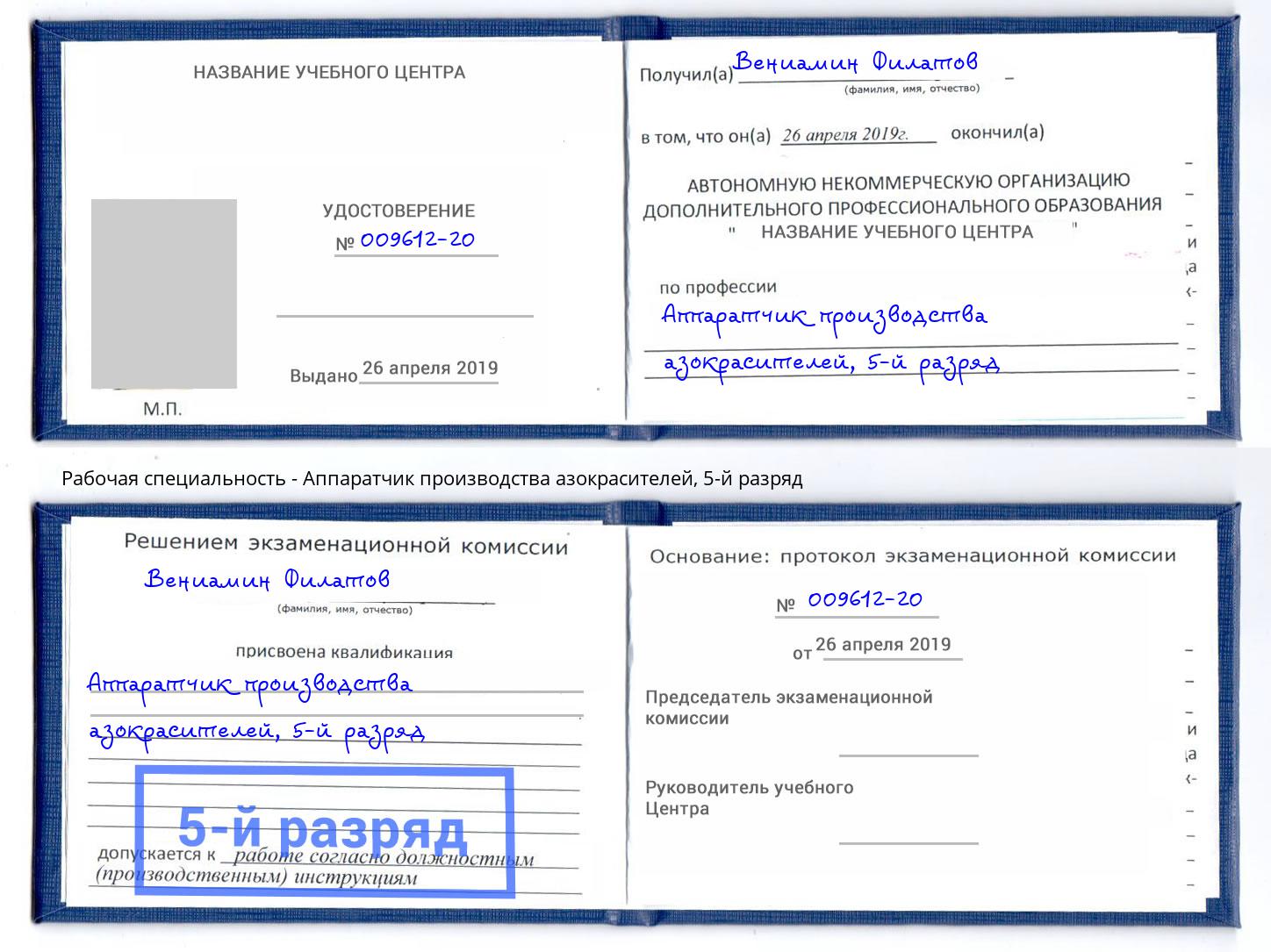 корочка 5-й разряд Аппаратчик производства азокрасителей Владимир