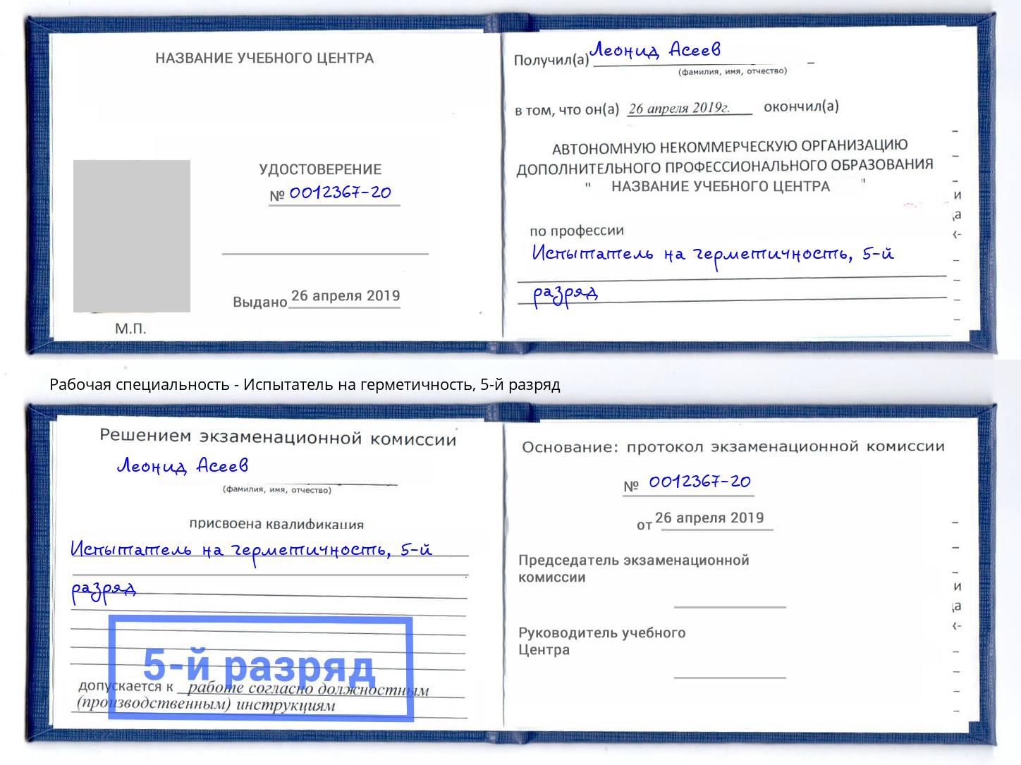 корочка 5-й разряд Испытатель на герметичность Владимир