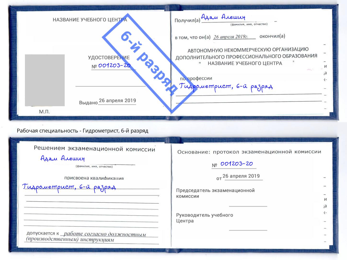 корочка 6-й разряд Гидрометрист Владимир