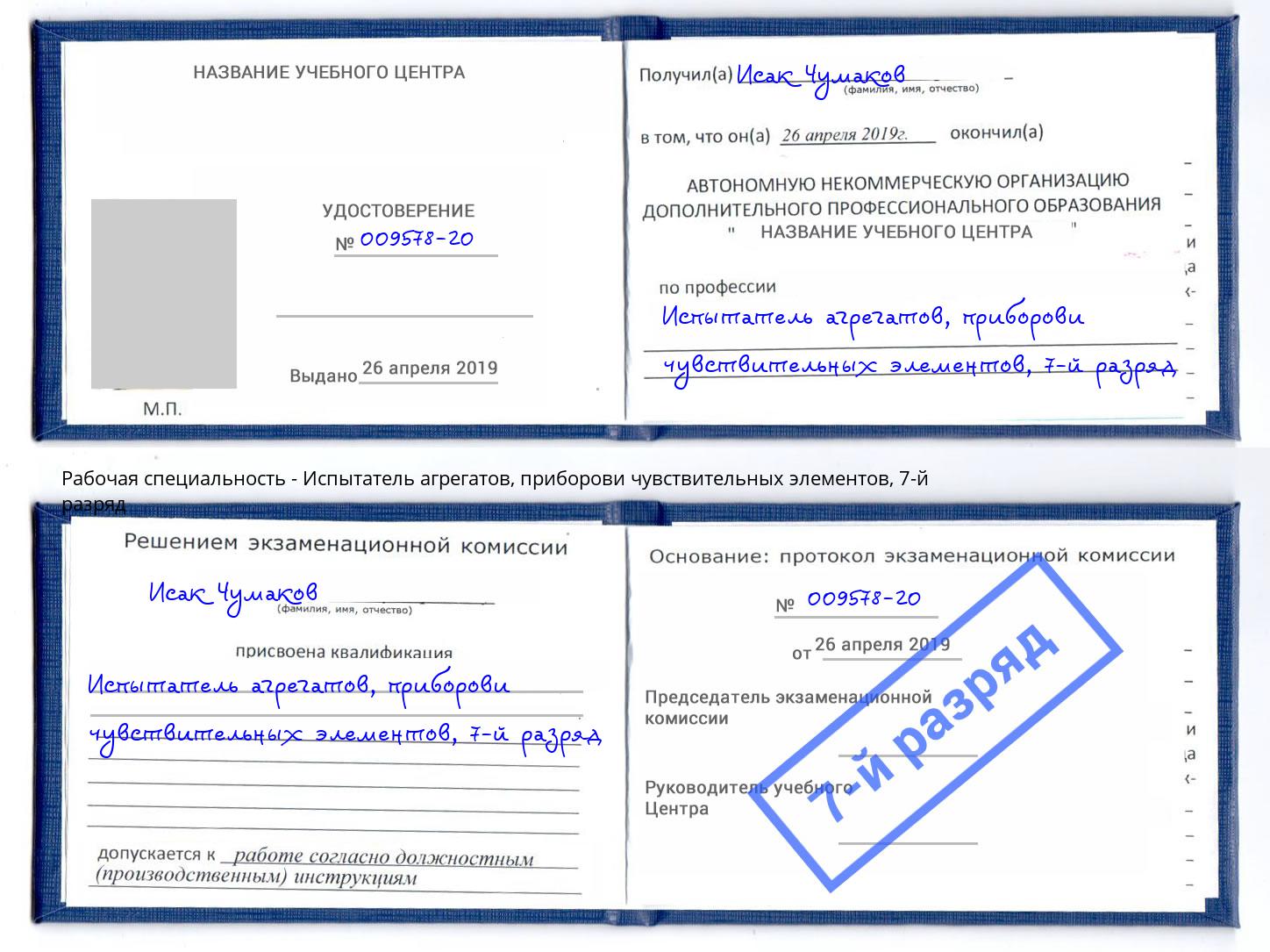 корочка 7-й разряд Испытатель агрегатов, приборови чувствительных элементов Владимир