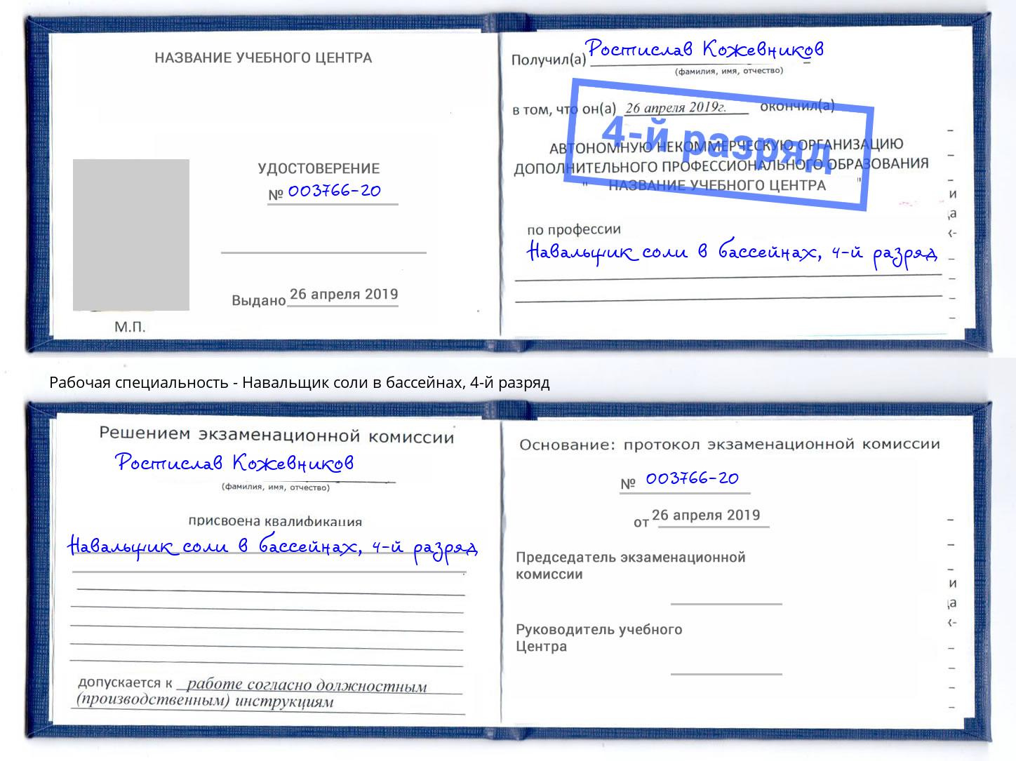 корочка 4-й разряд Навальщик соли в бассейнах Владимир