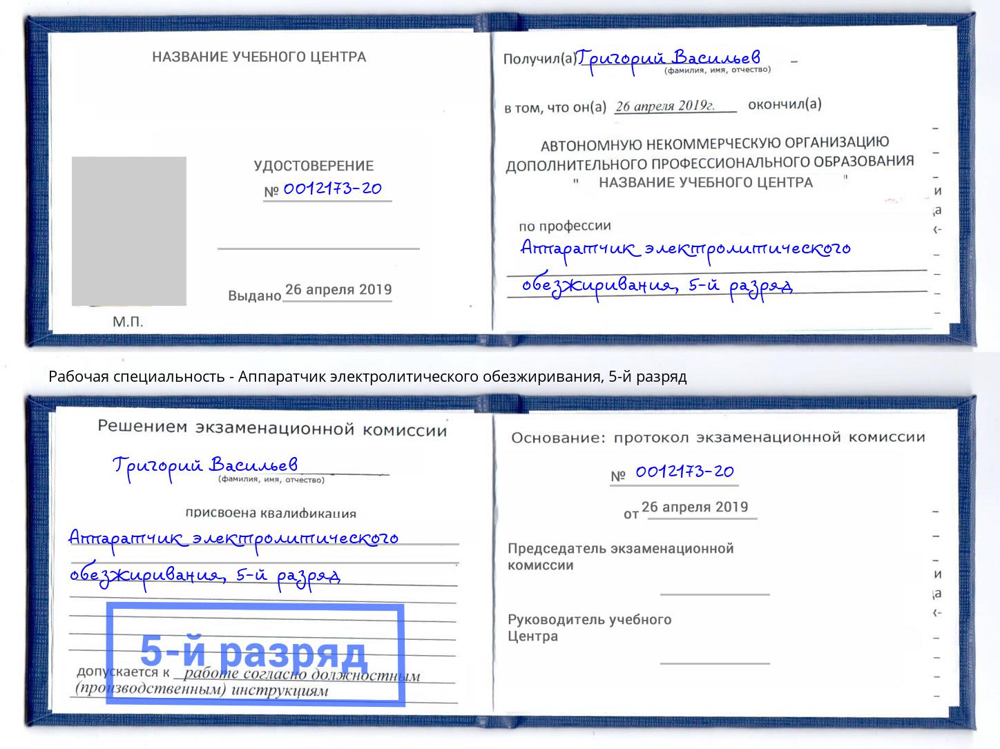 корочка 5-й разряд Аппаратчик электролитического обезжиривания Владимир