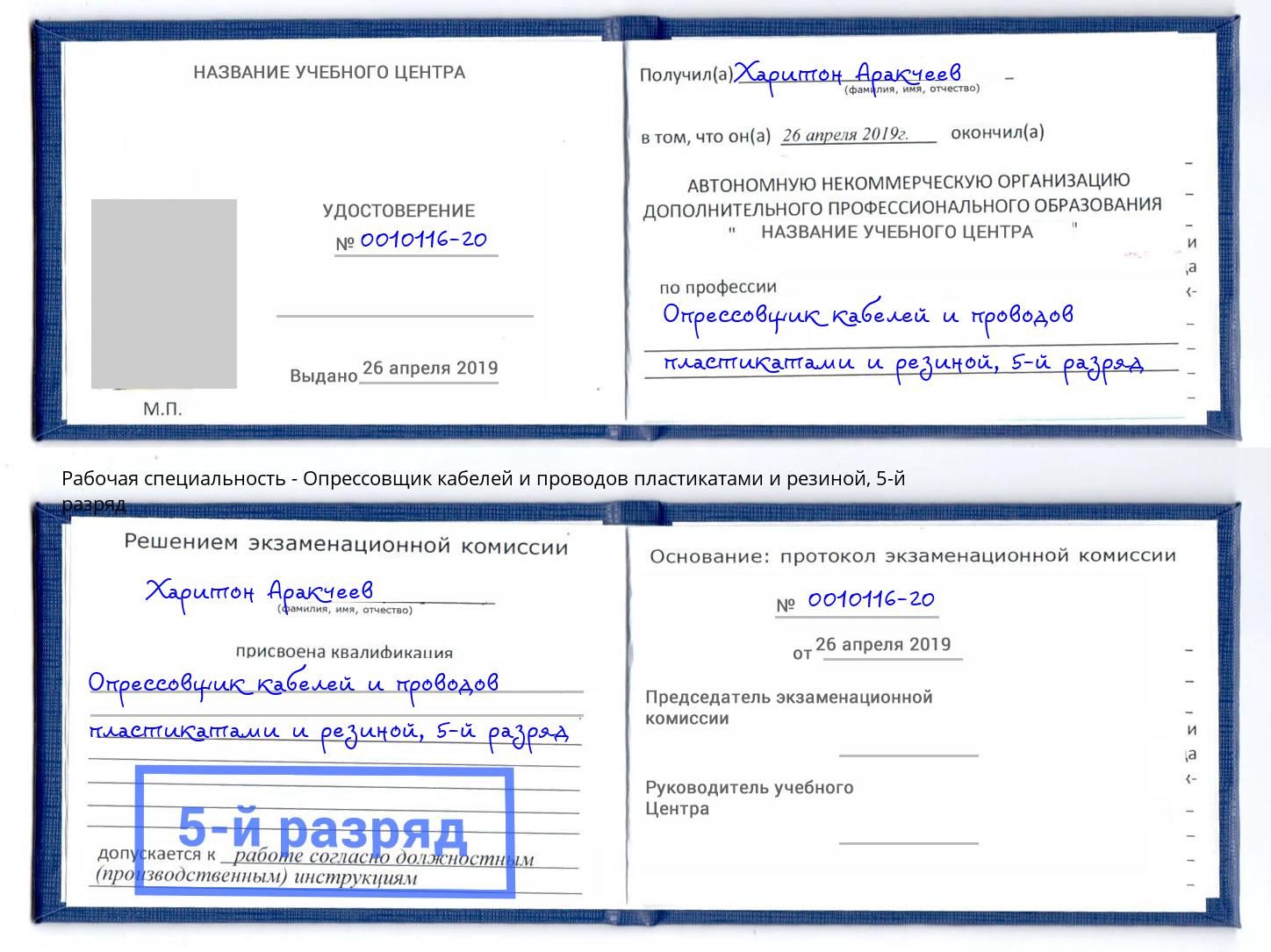 корочка 5-й разряд Опрессовщик кабелей и проводов пластикатами и резиной Владимир