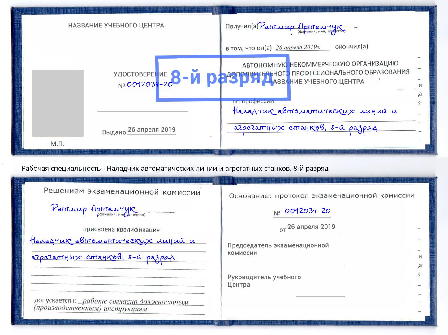 корочка 8-й разряд Наладчик автоматических линий и агрегатных станков Владимир