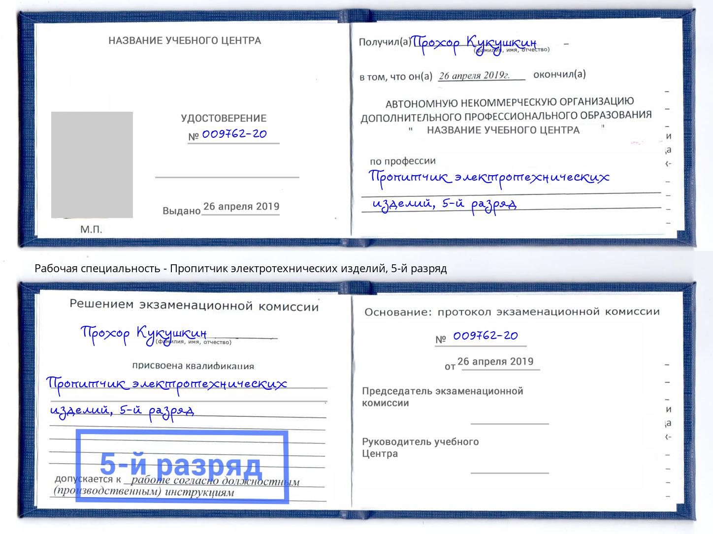 корочка 5-й разряд Пропитчик электротехнических изделий Владимир