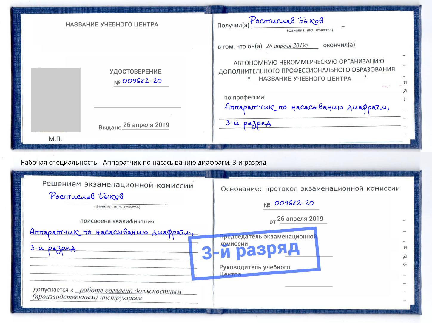корочка 3-й разряд Аппаратчик по насасыванию диафрагм Владимир