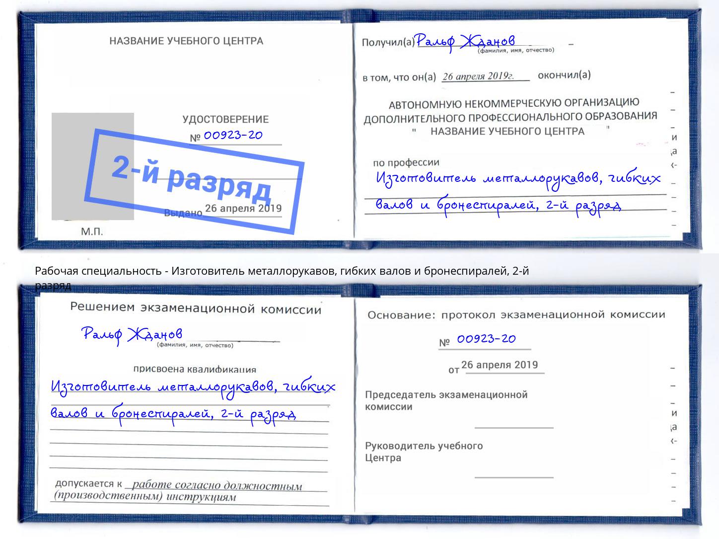 корочка 2-й разряд Изготовитель металлорукавов, гибких валов и бронеспиралей Владимир